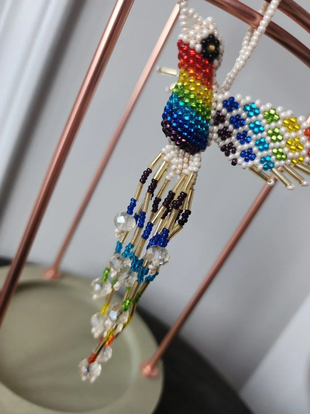 Huichol Beaded Hummingbird Key Chain Mexican Folk Art Bird 6” Sun Catcher A4